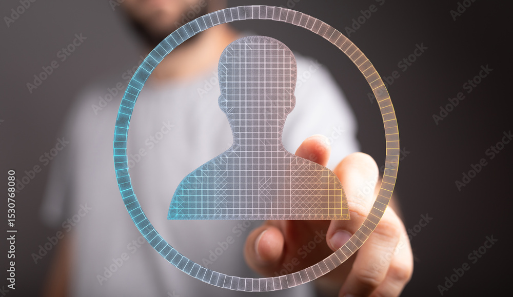 Poster Person icon selection on touchscreen.  Digital identity and user profile concept.