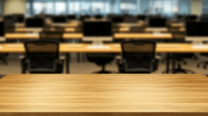 Empty office desk with vacant chairs and computers, symbolizing workforce layoffs and corporate downsizing, representing unemployment and economic challenges in modern workplace.