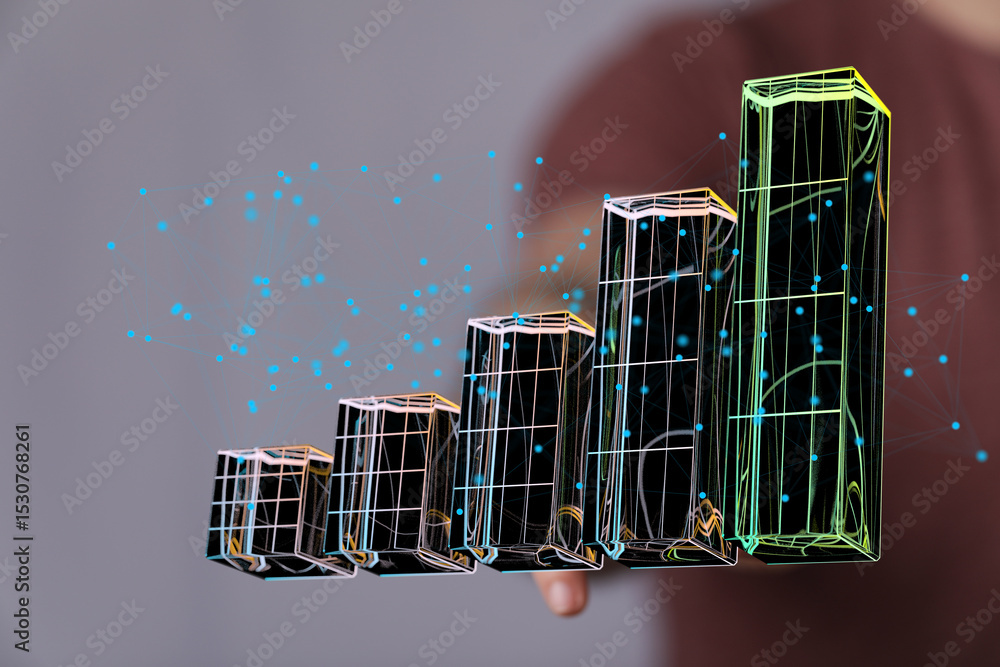Poster 3d bar graph showing upward trend, data network visualization, business growth concept.
