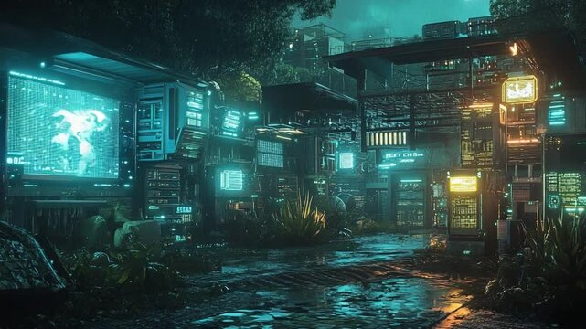 Cyberpunk High-Tech Street in Futuristic Rainy Night

