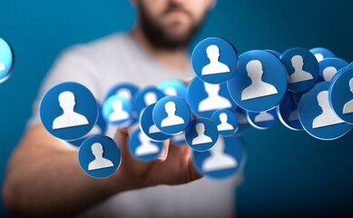Image depicts a person interacting with a network of digital profiles, symbolizing social media...