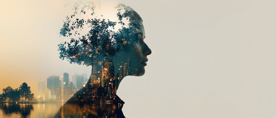 profile of young woman with head filled with urban scenery; on top of her head rest of leaves; concept of wellness, necesity to charge batteries durring summer holiday & calming nature impact