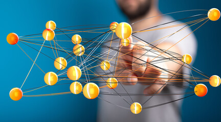 Abstract image depicting a man interacting with a complex network of interconnected nodes,...