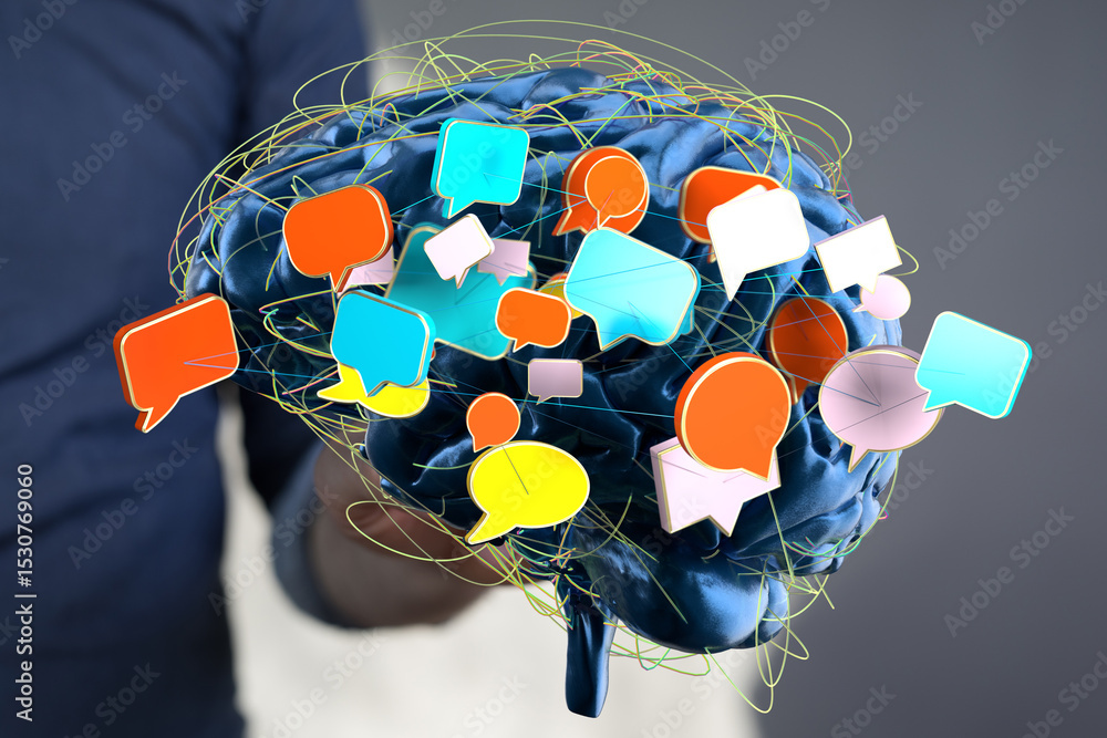 Aufkleber conceptual image of a brain with speech bubbles, representing communication, ideas, and networking.