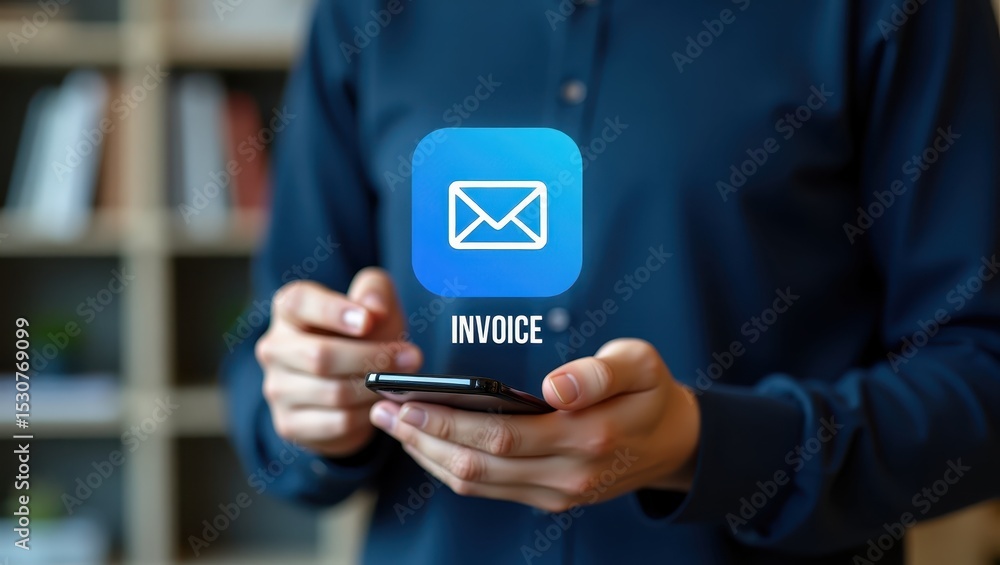 Poster a person holds a phone displaying an email symbol and the word invoice.