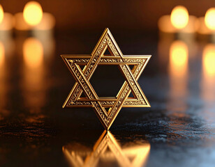 A beautifully crafted golden Star of David stands upright on a reflective surface, surrounded by softly glowing candles that create a serene and spiritual atmosphere.