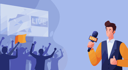 Naklejka premium Live Sports Journalist Reporting at Event with Audience for Media Coverage, Sports News, Broadcast Channels, and Online Engagement