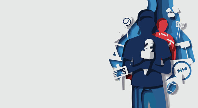 Silhouettes of sports journalists with microphones and media icons for Sports Journalist Day  