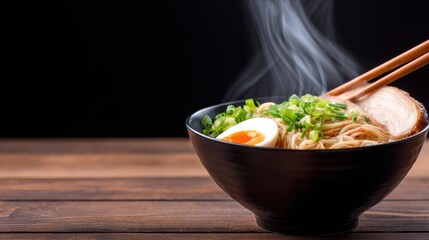 Delicious steaming bowl of ramen with egg and greens, served on a wooden table against dark background