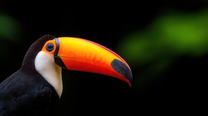 Fototapeta premium Vibrant toucan perched gracefully against a dark background, showcasing its colorful beak and feathers