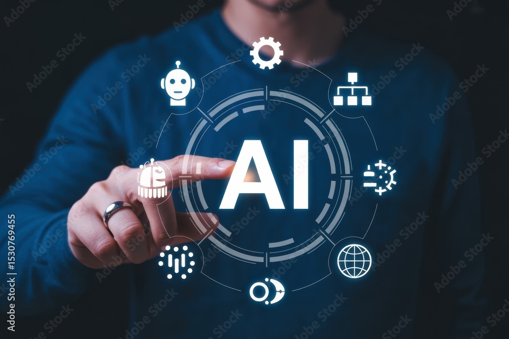 Aufkleber person interacting with a holographic display of artificial intelligence concepts.