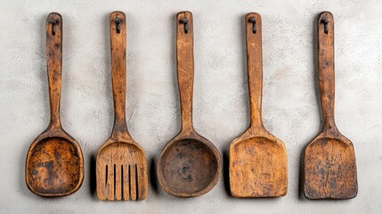 Rustic Wooden Cooking Spoons and Spatulas on Gray