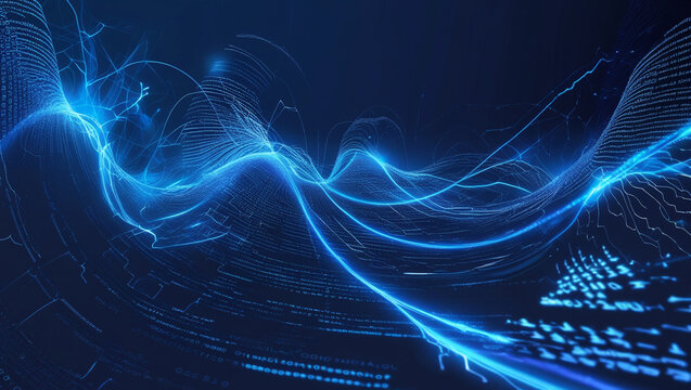 Abstract blue light streaks flow across a digital landscape
