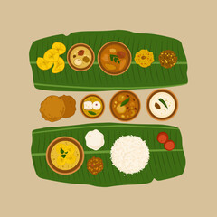 Traditional Onam Sadhya on Banana Leaf with Rice, Sambar, Rasam, Payasam, Pappadom – South Indian Festival Feast