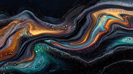 Abstract fluid art showcasing swirling, marbled patterns in dark teal, gold, and bronze hues.  Sparkling flecks add depth and texture to the dynamic composition