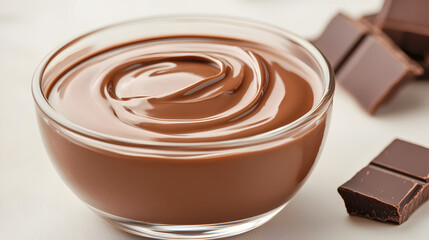 A clear glass bowl filled with smooth, creamy chocolate spread, accompanied by pieces of dark chocolate on a white surface.