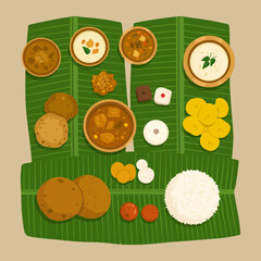 Traditional Onam Sadhya on Banana Leaf with Rice, Sambar, Rasam, Payasam, Pappadom – South Indian Festival Feast