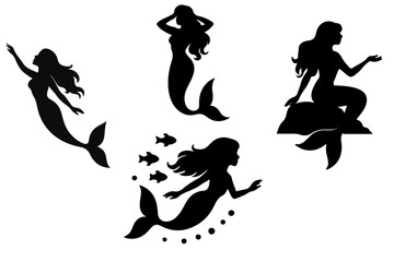 A set of stylish mermaid silhouettes ideal for various uses including logos, tattoos, and illustrations.  Features diverse poses and a clean, black design.