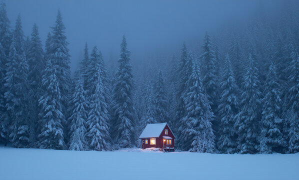A red house sits on the edge of an alpine forest in deep snow, surrounded by tall trees and misty fog at night