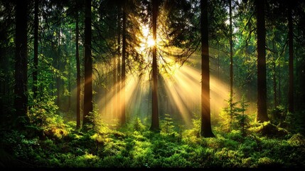 Sunbeams in a Lush Green Forest Tranquil Morning Sunlight Through Trees