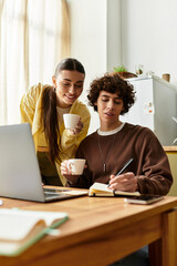 Loving couple enjoys quality time at home while sharing ideas and sipping coffee together