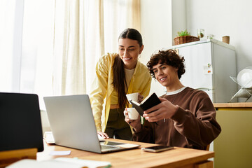 Couple enjoying cozy moments together while working from home in a sunlit kitchen