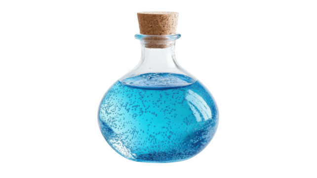 Bright blue liquid with bubbles fills a small glass flask, showcasing a vibrant and eye-catching display