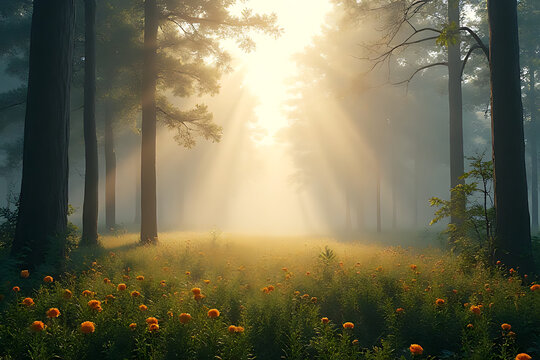 Misty morning sun rays illuminate a beautiful forest path