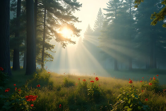 Misty morning sun rays illuminate a beautiful forest path