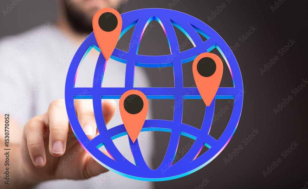 Poster Person interacts with a 3D globe showing multiple location pins, symbolizing global reach and connectivity.