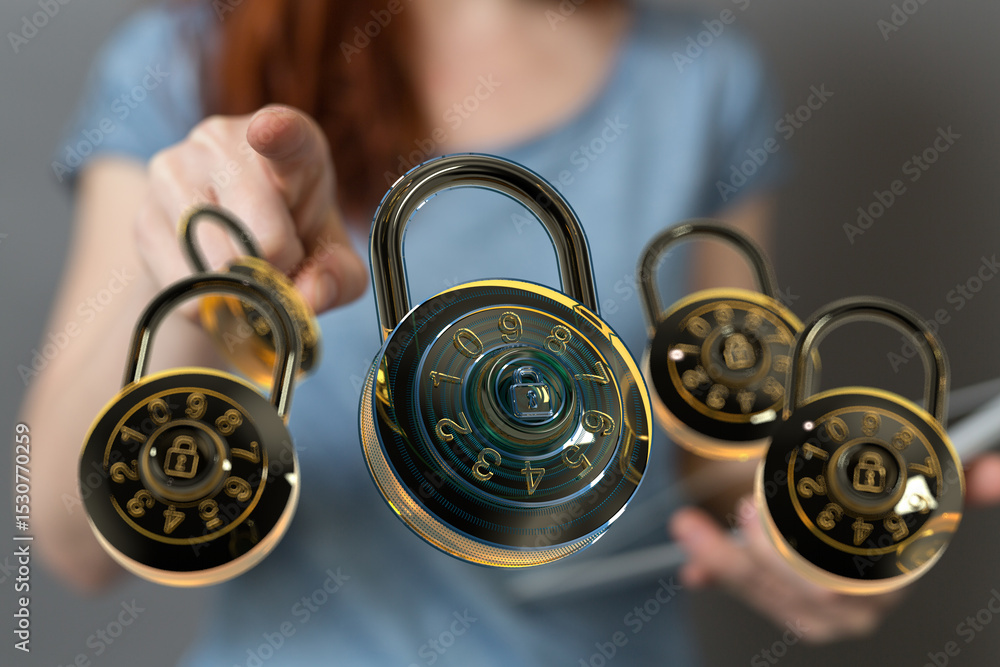 Poster Close-up of a woman's finger pointing at multiple combination locks, symbolizing security and data protection.
