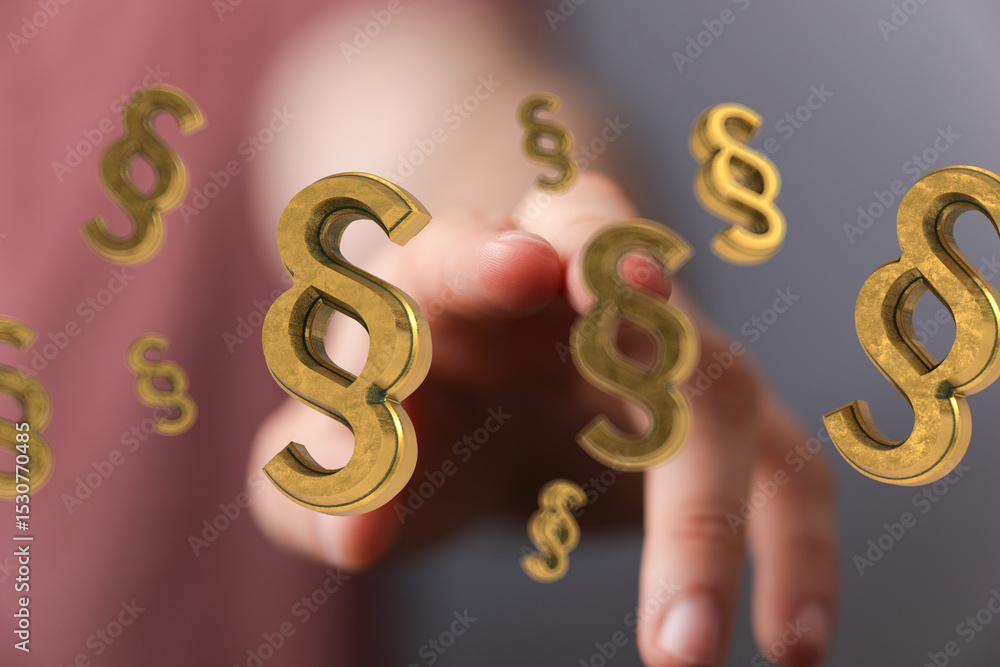 Poster Abstract image of a hand interacting with floating paragraph symbols, representing legal concepts and law.