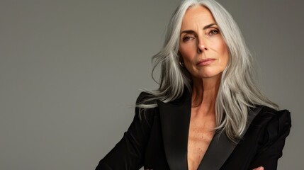 Confident Woman with Silver Hair Posing in Elegant Black Outfit
