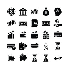 Black Finance and Economy Icon Set &ndash; Wallet, Money, Payment, Growth Symbols