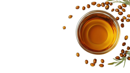 Golden oil in a glass container with seeds and green leaves nearby, showcasing natural ingredients and culinary use