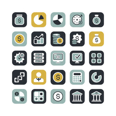 Modern Flat Finance and Business Icon Set in Rounded Square Buttons