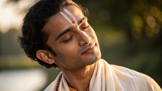 young Indian male with a sandalwood tilak on forehead, traditional dhoti and kurta