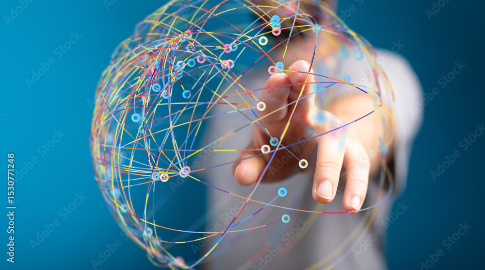 Aufkleber Abstract image of a hand interacting with a digital sphere representing global network connections.