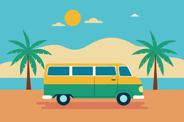 Retro van summer beach vacation travel illustration
