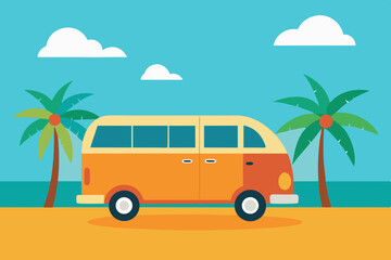Retro camper van on tropical beach vacation