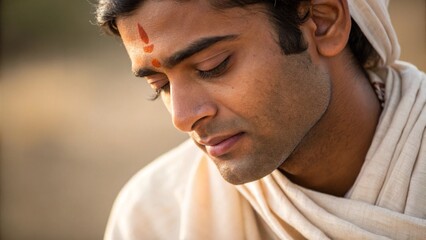 Obraz premium young Indian male with a sandalwood tilak on forehead, traditional dhoti and kurta