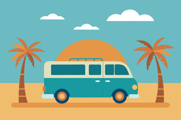 Retro camper van on tropical beach at sunset