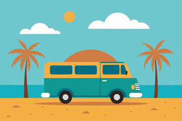 Retro van on tropical beach summer vacation