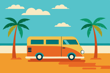 Retro camper van on tropical beach vacation
