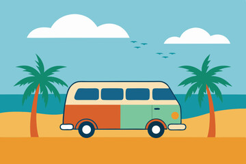 Retro camper van on tropical beach vacation