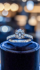 Elegant diamond engagement ring with matching wedding band on a velvet display stand with blurred bokeh lights in the background