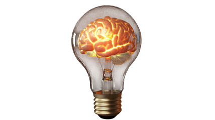 A light bulb features a glowing brain inside, symbolizing the connection between ideas and cognition in an artistic way