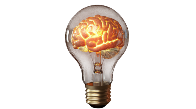 A light bulb features a glowing brain inside, symbolizing the connection between ideas and cognition in an artistic way