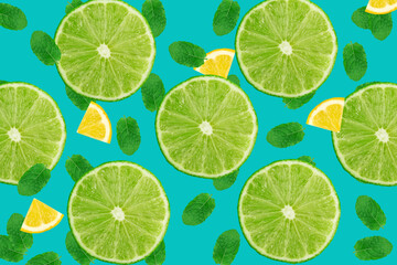 Philippine Lime Fruit Cuts Pattern, Green Calamondin Slices Flying Minimal Background