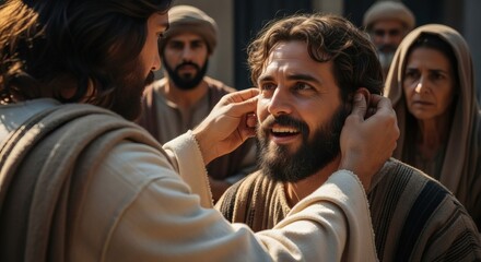 Compassionate healing touch of christ restoring hearing to a grateful man